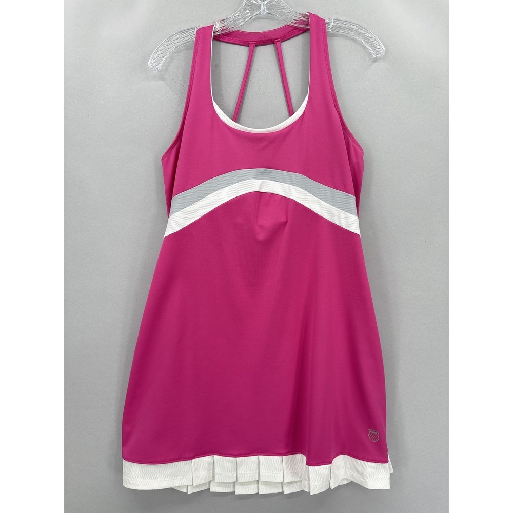 K-Swiss Tennis Dress Womens Large Pink White Racerback Pleated Hem‎ Built-in Bra